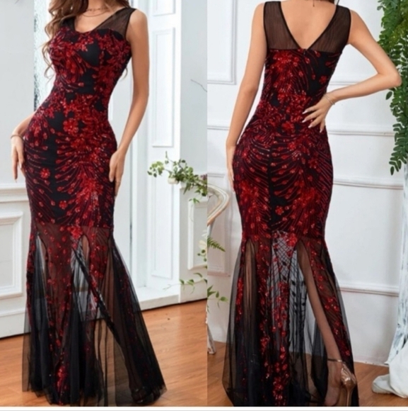 Multicolor Floral, V Neck, Slit Thigh, Contrast Mesh and Sequined Sample Gown - Picture 2 of 14